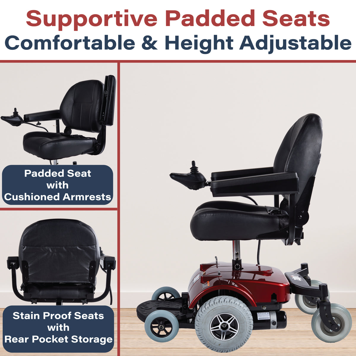 zipr pc electric wheelchair with adjustable height seat and padded supportive seat