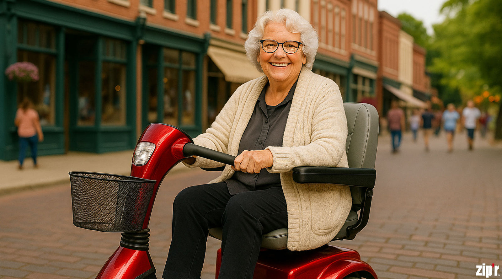 Woman riding a red mobility scooter on a city street.