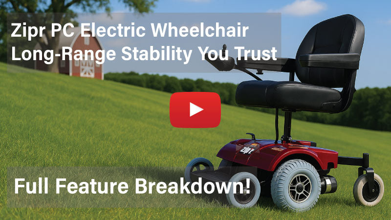 Zipr PC power wheelchair thumbnail featuring long-range battery, smooth maneuvering, and ultra-stable 6-wheel design.